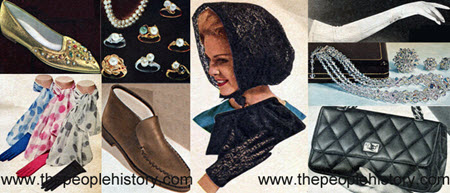 Fashion Accessories Examples From 1964 Ornamented Flattie, Glove and Scarf Set, Pearl Rings, High Rising Casual Shoe, Nylon Lace Set, Long Gloves, Crystal Set, Quilted Bag